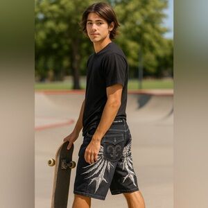 Y2K‎ Baggy JNCO Style Graphic Denim Shorts Lightning Fleur-de-Lis Bling Detail